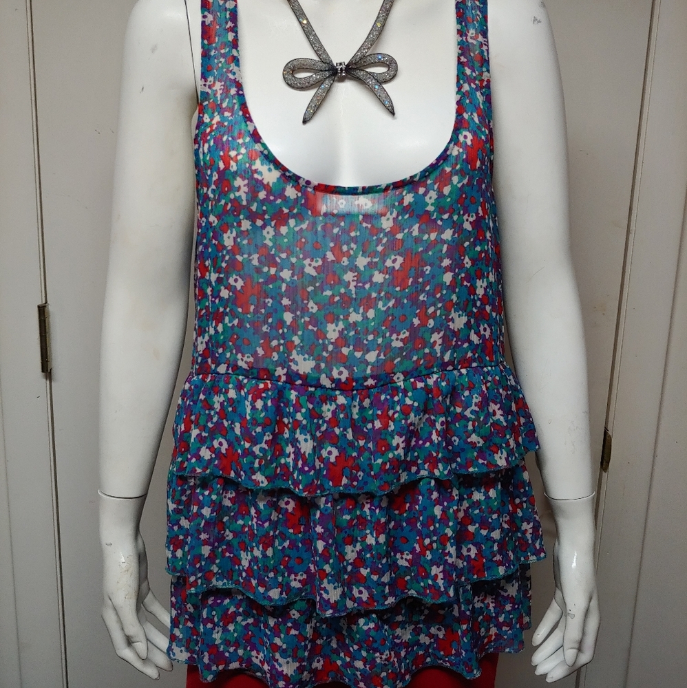 Route 66 Blue Floral Tiered Ruffle Sleeveless Top